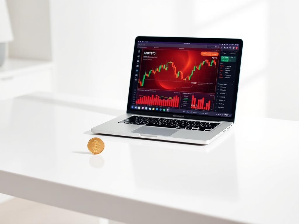 Laptop showing crypto markets beside a gold coin on a white desk