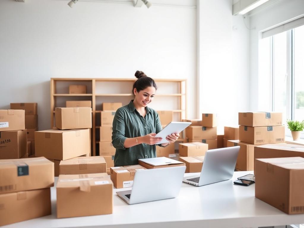 Ecommerce founder packing customer orders in a fulfilment studio