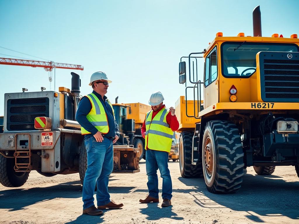Contractors inspecting financed heavy equipment at a job site